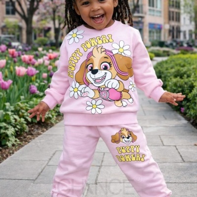 Conjunto infantil de fato de treino rosa com estampa de cão e flores, texto PUPPY POWER! em amarelo