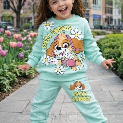 Conjunto infantil verde água com estampa de cão e flores, texto PUPPY POWER!.