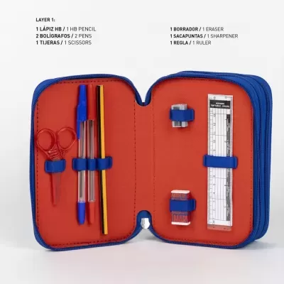 Estojo escolar azul aberto com 1 lápis, 2 canetas, 1 tesoura, 1 borracha, 1 apontador e 1 régua dentro