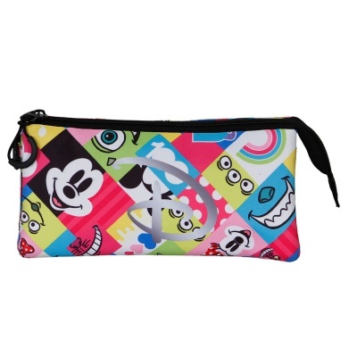 Estojo escolar colorido com personagens animados e fecho preto