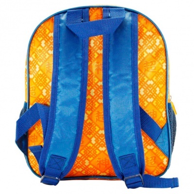 Mochila infantil azul com padrão laranja e alças acolchoadas