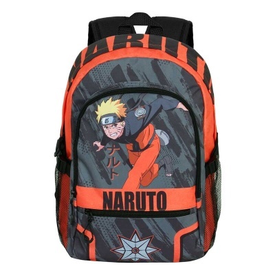 Mochila cinzenta e preta com detalhes laranja e imagem do personagem Naruto