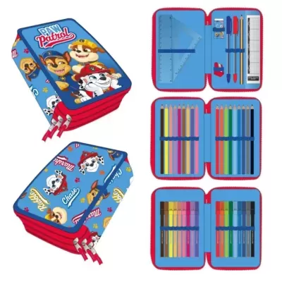 Estojo escolar Paw Patrol azul e vermelho com material escolar organizado
