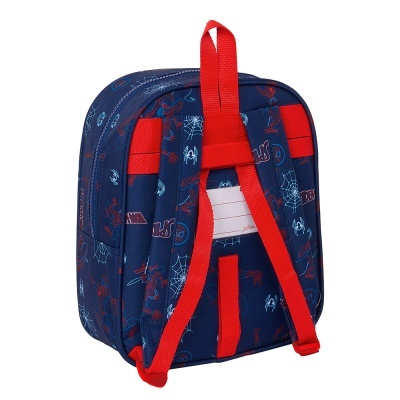 Mochila azul com padrão de aranhas com alças vermelhas