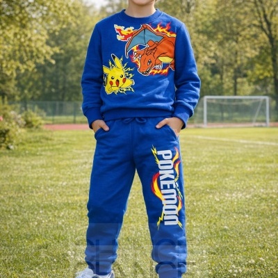 Conjunto infantil azul de algodão com estampado dos personagens de Pokémon Pikachu e Charizard