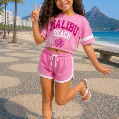 Menina com conjunto de roupa rosa MALIBU BEACH na praia com chinelos brancos