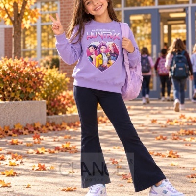 Menina com camisola lilás estampada, calças pretas e sapatilhas brancas com lilás, mochila lilás, ambiente outonal em escola