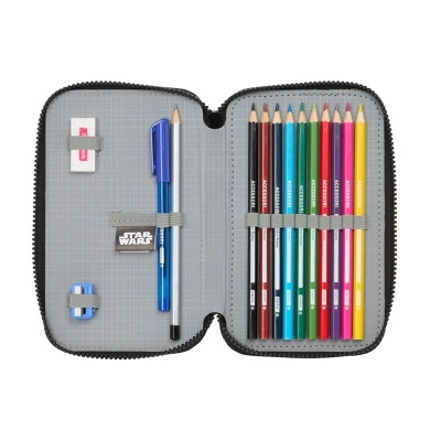 Estojo cinzento com lápis de cor, caneta, lápis, borracha, apontador e borracha Star Wars