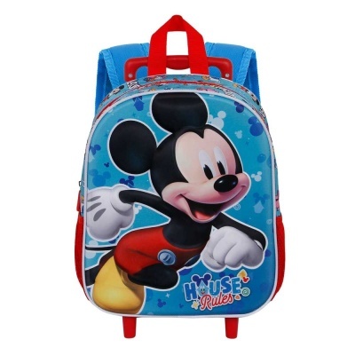 Mochila infantil azul com estampa do Mickey Mouse e rodinhas vermelhas
