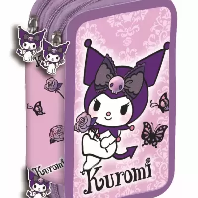 Estojo escolar rosa e lilás com personagem Kuromi e detalhes de borboletas