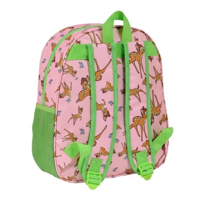 Mochila infantil rosa com padrão de veados e detalhes verdes