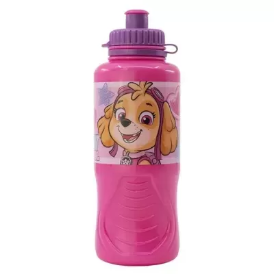 Garrafa desportiva rosa com imagem da personagem Skye da Patrulha Pata