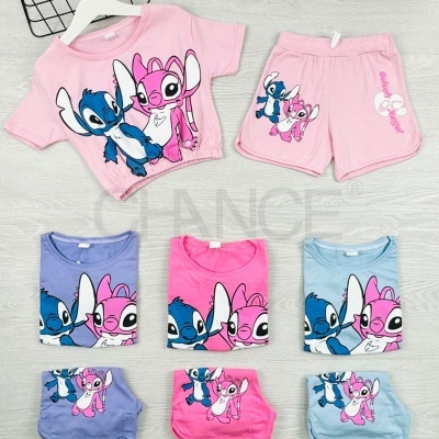Conjuntos de roupa infantil com estampas de Stitch e Angel em várias cores