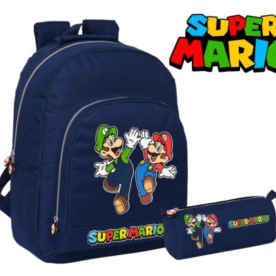 Mochila e estojo azuis com personagens Super Mario e texto colorido
