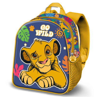 Mochila infantil amarela com estampa do Simba e texto GO WILD