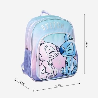 Mochila infantil azul e lilás com personagens Stitch e Angel e texto STITCH & ANGEL
