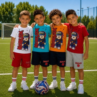 Meninos com t-shirts coloridas Roblox em relvado de futebol