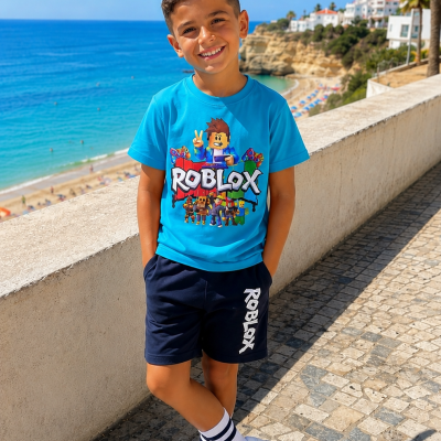Menino sorridente com roupa ROBLOX azul e preta junto ao mar num passeio de pedra