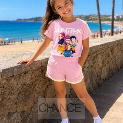 Menina com conjunto infantil rosa e branco com ilustração HUNTROX junto ao mar