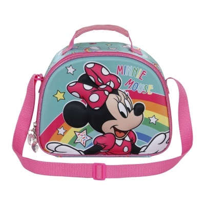 Mala infantil Minnie Mouse azul com alças cor-de-rosa e arco-íris