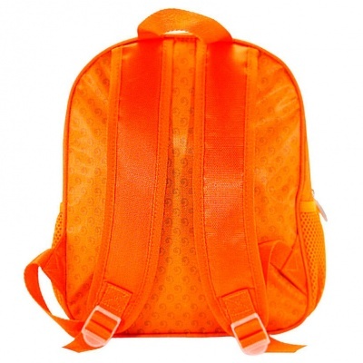 Mochila infantil laranja vista de trás com alças acolchoadas e bolsos em rede