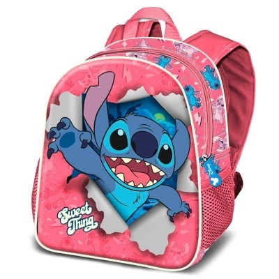 Mochila infantil rosa com personagem Stitch azul e texto Sweet Thing