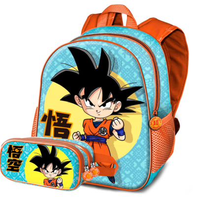 Mochila e estojo azul e laranja com estampa do personagem Goku