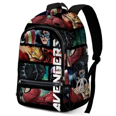 Mochila Avengers colorida com personagens de banda desenhada e texto AVENGERS.