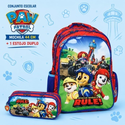 Conjunto escolar Paw Patrol com mochila e estojo duplo com personagens coloridos