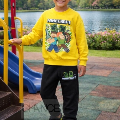 Criança com conjunto de sweat amarelo e calças pretas com tema Minecraft, a sorrir num parque junto a um escorrega azul e amarelo