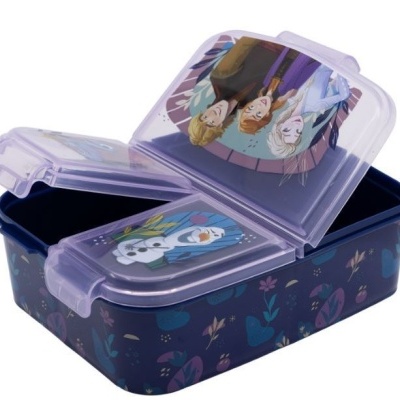 Marmita de plástico azul com tampa transparente e personagens de desenho animado