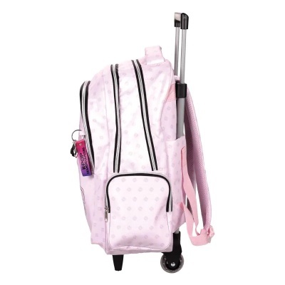 Mochila de rodinhas cor-de-rosa claro com padrão discreto e alças cor-de-rosa