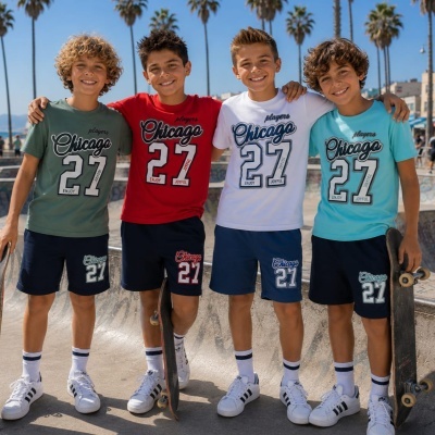 Quatro rapazes com roupa desportiva colorida estampada, skate, em parque ao ar livre com palmeiras.