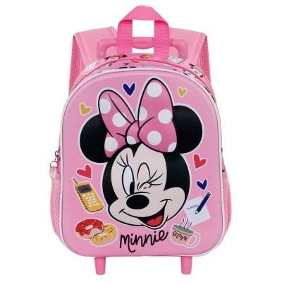Mochila rosa infantil com desenho da Minnie Mouse e elementos coloridos