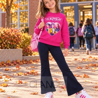 Menina com sweatshirt rosa e mochila rosa em ambiente com folhas de outono