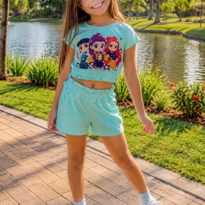 Menina com t-shirt e calções azuis claros com estampado colorido, sapatilhas brancas, junto a lago e árvores