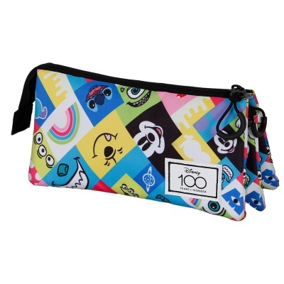 Estojo colorido da Disney com padrão de personagens e etiqueta 100 Years of Wonder