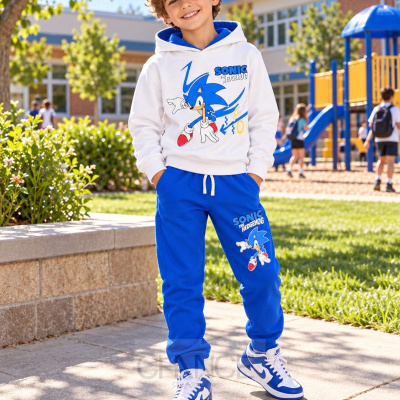 Menino com conjunto de sweat branco com capuz e calças azuis com estampa do Sonic the Hedgehog em parque de crianças