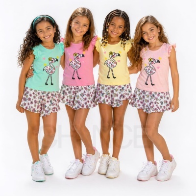 Meninas com pijamas coloridos de flamingo e saias florais em fundo branco