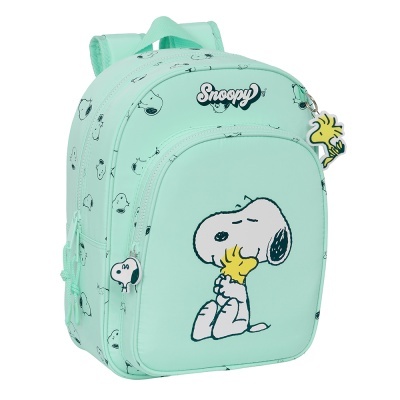 Mochila verde água com desenho do Snoopy a abraçar Woodstock