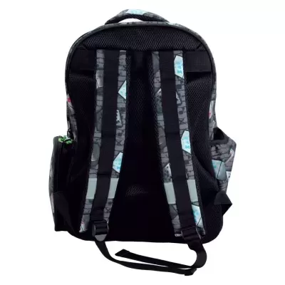 Mochila preta com padrão cinzento e detalhes azuis, vista traseira