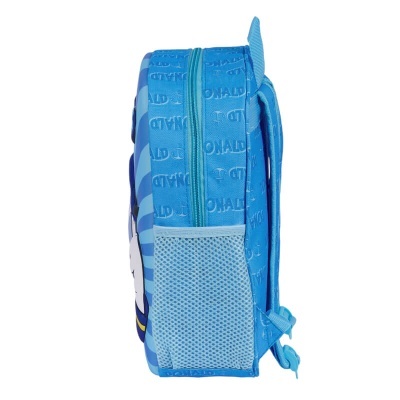Mochila infantil azul claro com padrão de texto DONALD e bolso lateral em malha