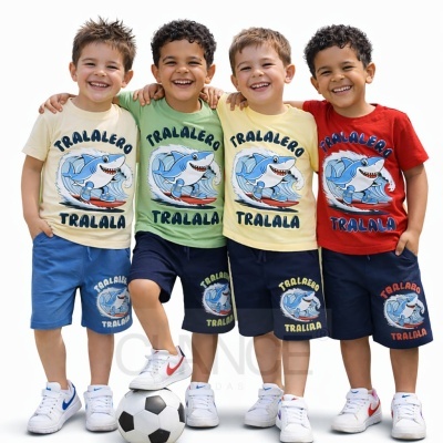 Quatro crianças vestindo conjuntos infantis com t-shirts coloridas e calções azul escuro, com estampa de tubarão e texto TRALALERO TRALALA.