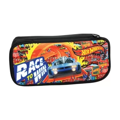 Estojo colorido Hot Wheels com tema de corrida e carro azul