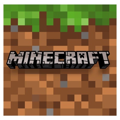 Texto MINECRAFT sobre fundo pixelizado de terra e relva
