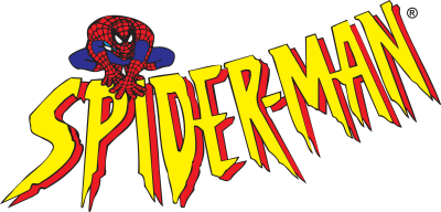 Logótipo amarelo e vermelho de SPIDER-MAN com personagem azul e vermelho no topo