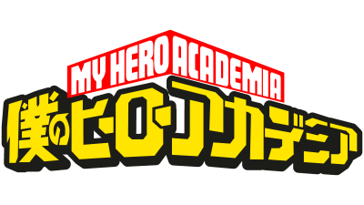Logótipo de 'My Hero Academia' com texto em inglês e japonês em vermelho, branco e amarelo