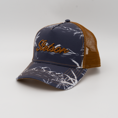 Boné azul escuro com rede castanha e texto bordado Stetson