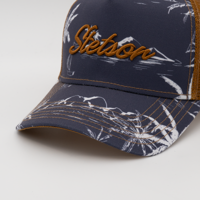 Boné Stetson azul escuro com padrão branco de plantas e bordado marrom