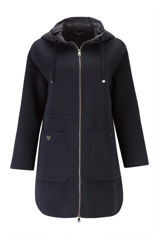 Casaco azul-escuro comprido com capuz acolchoado e fecho de correr